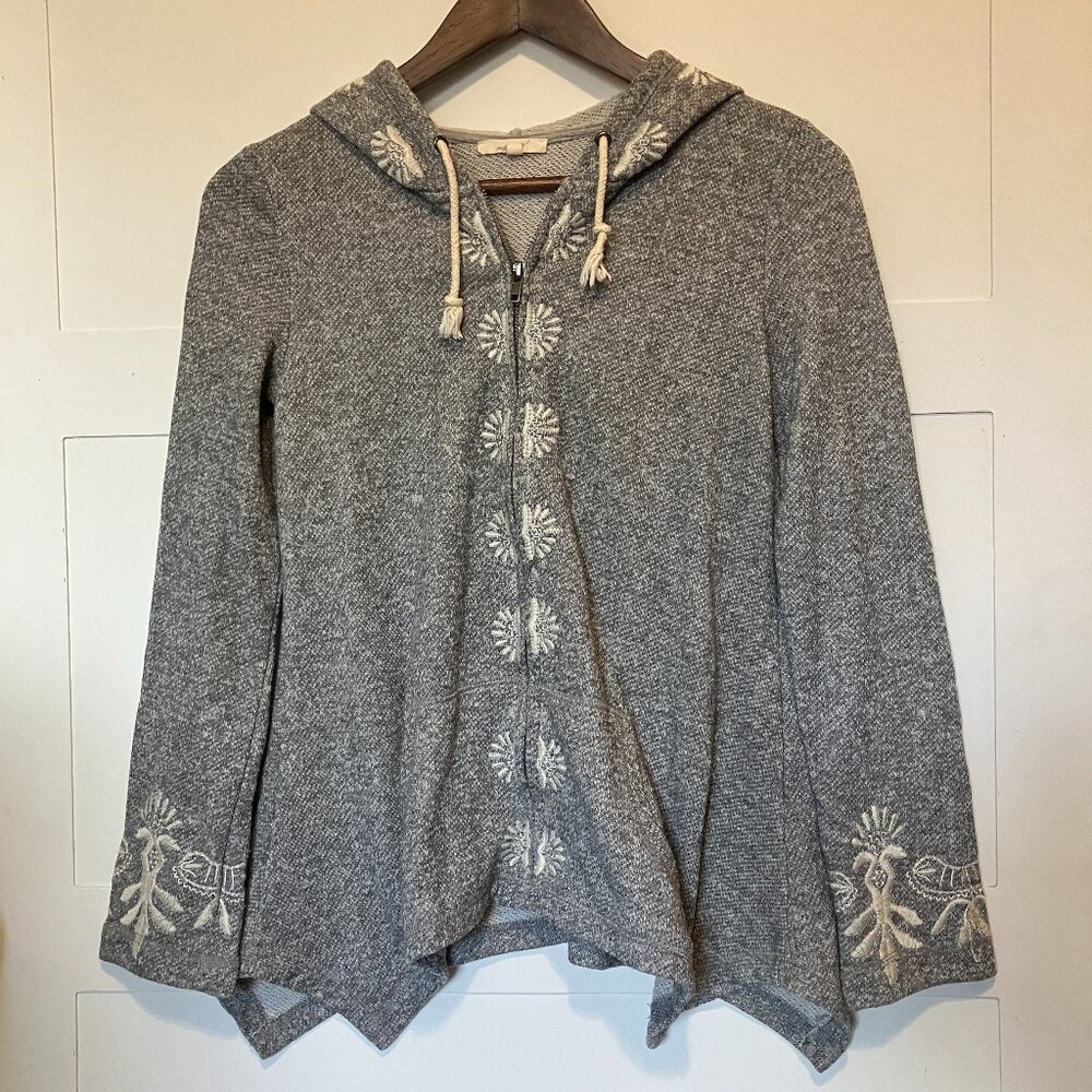 Mystree Womens Small Embroidered Gray Hoodie Whimisigoth Fairycore Boho Full Zip